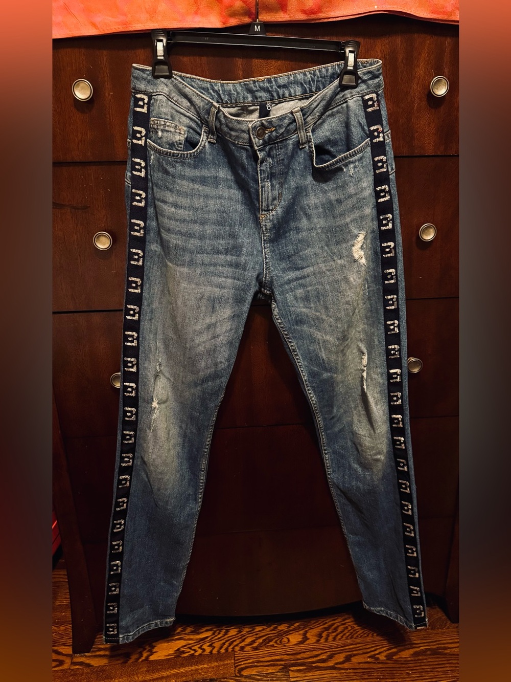 Liu Jo Milano Denim Cotton Distressed Sequin Logo Side Stripe Straight Mid Rise